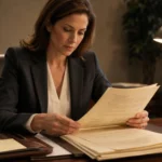 Mature businesswoman in charcoal blazer reviewing cream legal documents