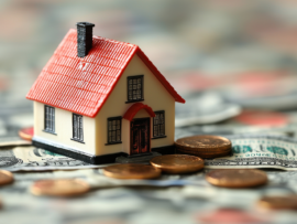 A small house is sitting on top of a pile of coins and dollar bills
