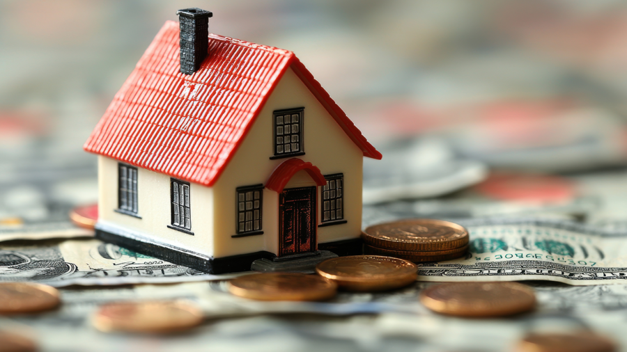 A small house is sitting on top of a pile of coins and dollar bills