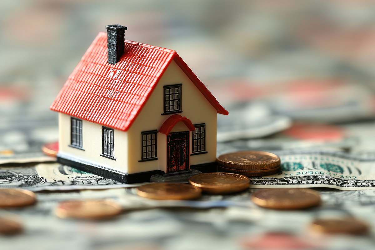 A small house is sitting on top of a pile of coins and dollar bills